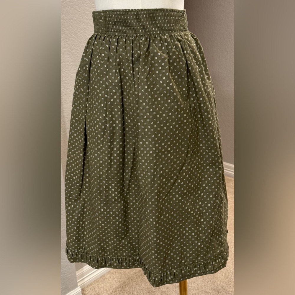 Vintage Lodenfrey Olive Green Clover Print A-Line Skirt w/ Ruffle Hem & Pockets